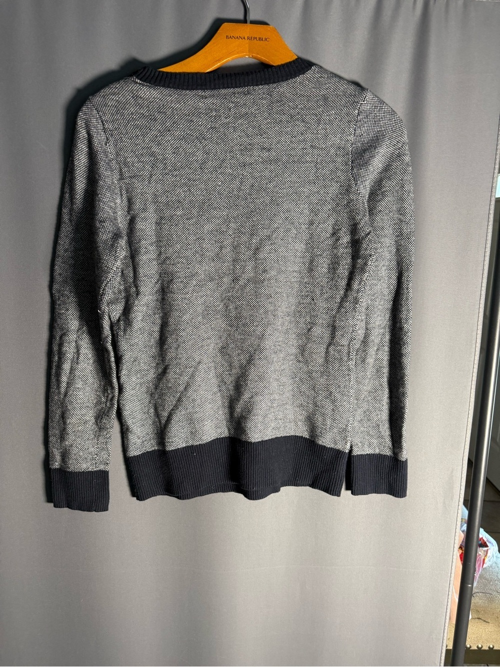 Banana Republic Gray Crewneck Sweater with Navy Trim & Shoulder Buttons - Picture 3 of 3